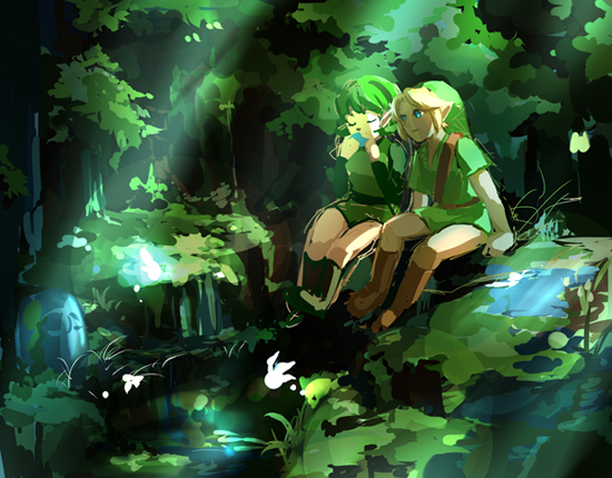 blue_eyes, closed_eyes, forest, green_hair, hairband, hat, link, muse_(rainforest)