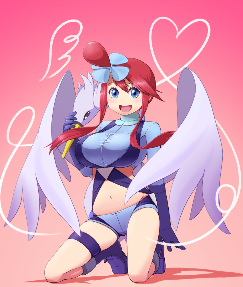 1girl, blue_eyes, fuuro_(pokemon), gloves, gradient, gradient_background, hair_ornament, heart