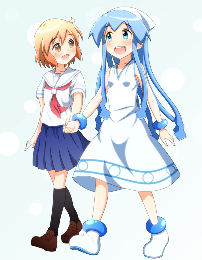 2girls, blue_eyes, blue_hair, blush, brown_eyes, crossover, dress, hat