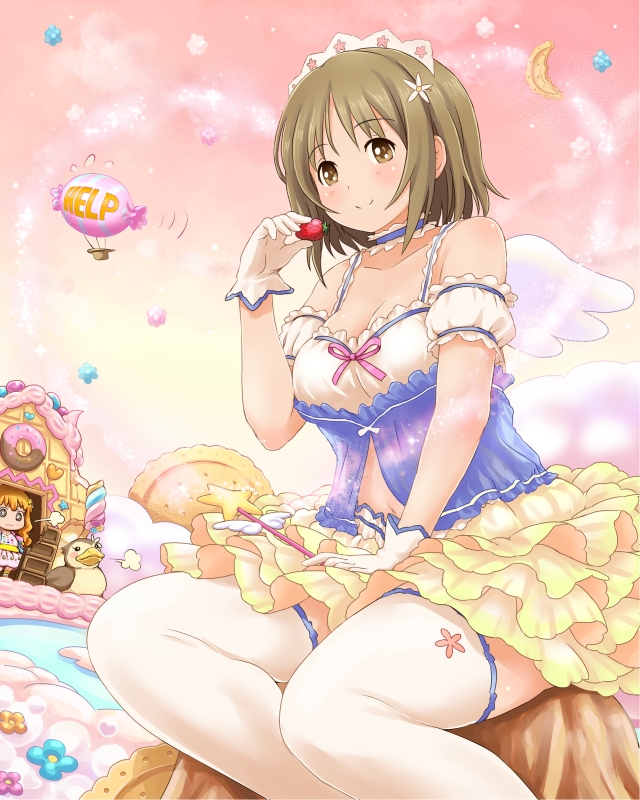 arm_garter, bird, blimp, blonde_hair, brown_eyes, brown_hair, candy, crescent_moon, duck, dutch_angle, food, fruit, gingerbread_house, gloves, hairband, help, idolmaster, idolmaster_cinderella_girls, long_hair, mimura_kanako, moon, navel, plump, poponpin, short_hair, sitting, skirt, sky, smile, strawberry, thigh-highs, wand, wings, zettai_ryouiki