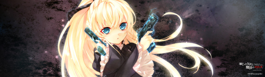 blonde_hair, blue_eyes, dual_wielding, gun, highres, jessica_francoise_magritte, long_hair, manyako_(mohumohu)