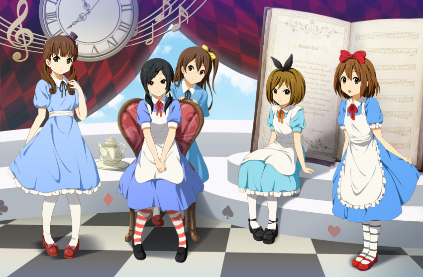5girls, alice_(wonderland), alice_(wonderland)_(cosplay), alice_in_wonderland, black_hair, book, brown_hair, chair