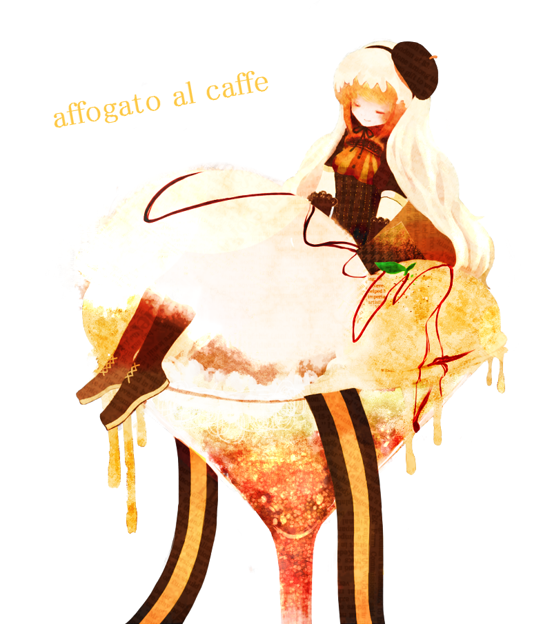 1girl, affogato, bad_id, blonde_hair, character_name, chocolate, closed_eyes, food