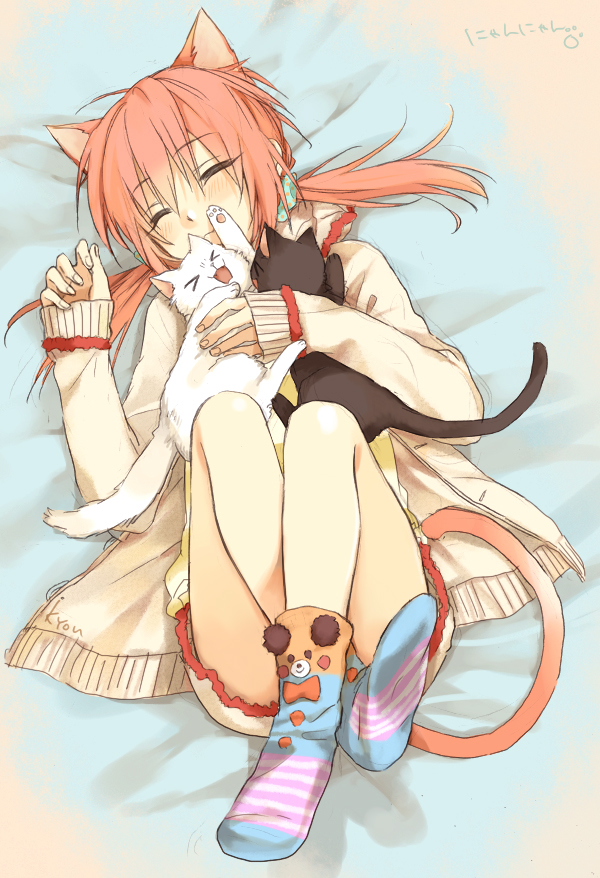 >_<, 1boy, animal_ears, blush, cat, cat_ears, cat_tail, closed_eyes