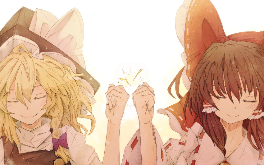 2girls, blonde_hair, bow, braid, brown_hair, bust, closed_eyes, detached_sleeves, friends, hair_bow, hair_tubes, hakurei_reimu, hat, hat_bow, kirisame_marisa, long_hair, multiple_girls, pandora-ex, ribbon, single_braid, smile, touhou, witch_hat