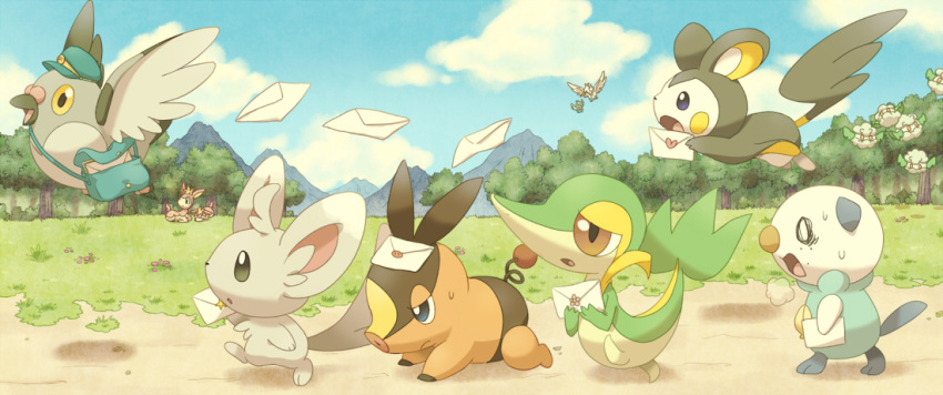 clouds, emolga, envelope, flying, forest, jippe, minccino, nature