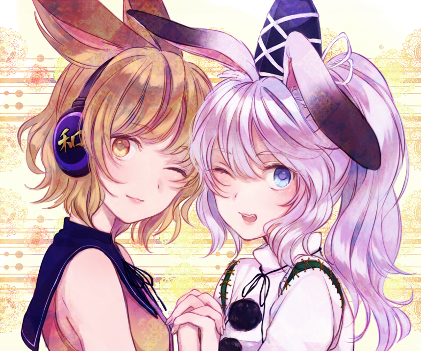 2girls, ;), aimai-me, animal_ears, blue_eyes, brown_hair, bust, earmuffs