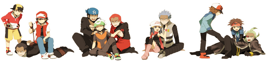 1girl, 6+boys, age_difference, akagi_(pokemon), akasata, aogiri_(pokemon), geechisu_(pokemon), gold_(pokemon)