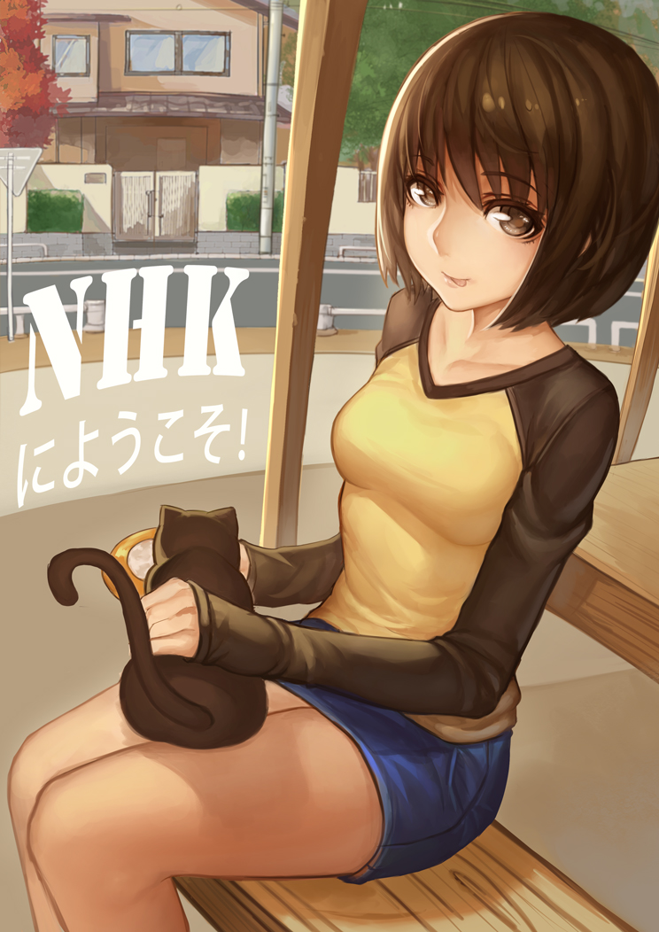 1girl, :p, black_hair, blush, bob_cut, breasts, brown_eyes, cat