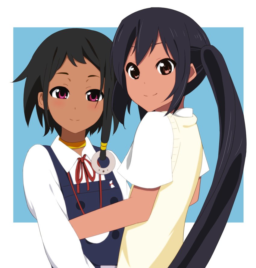 2girls, beeeye, black_hair, brown_eyes, choi_mochimazzui, company_connection, crossover, dark_skin, k-on!, kyoto_animation, long_hair, look-alike, multiple_girls, nakano_azusa, pink_eyes, school_uniform, short_hair, tamako_market, tan, twintails
