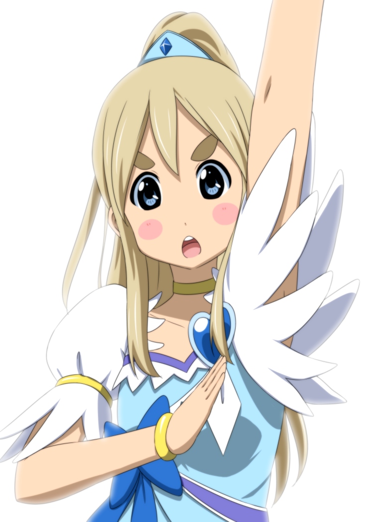 1girl, arm_up, blonde_hair, blue_eyes, blush_stickers, cosplay, cure_diamond, cure_diamond_(cosplay)