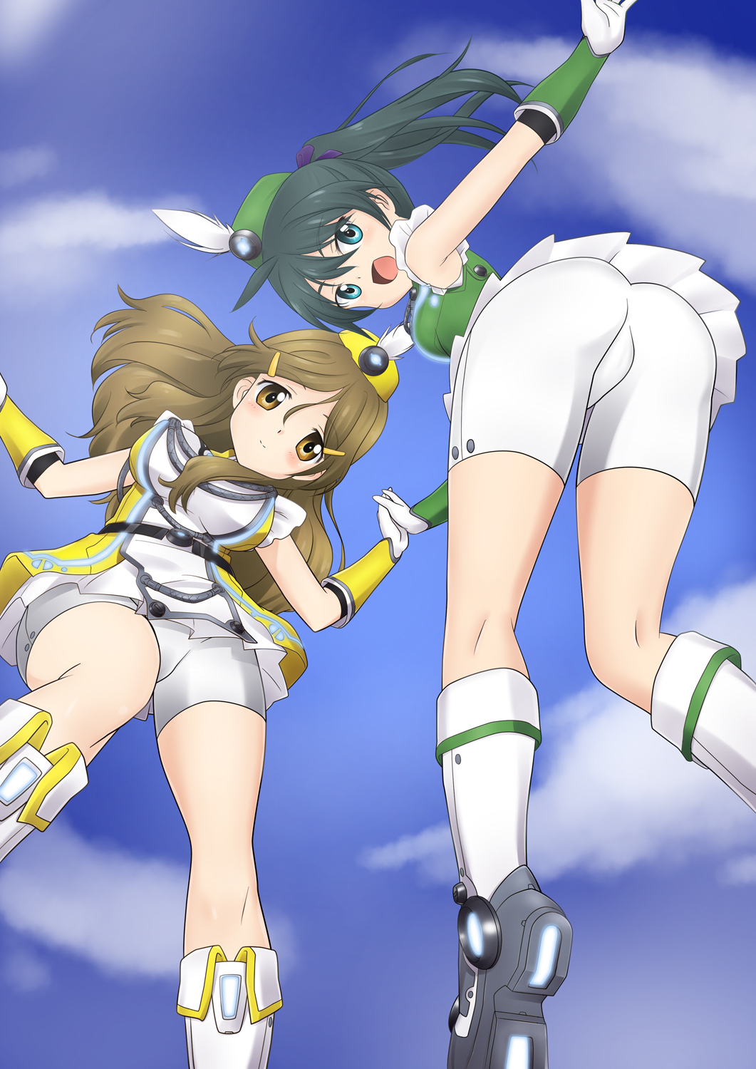 2girls, bike_shirts, brown_eyes, brown_hair, green_eyes, green_hair, hat, koyomisa