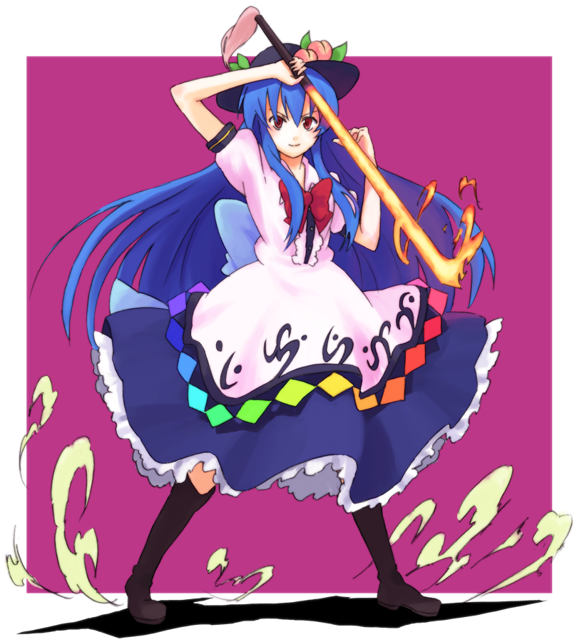 food, fruit, hat, hinanawi_tenshi, long_hair, long_skirt, peach, pitoo
