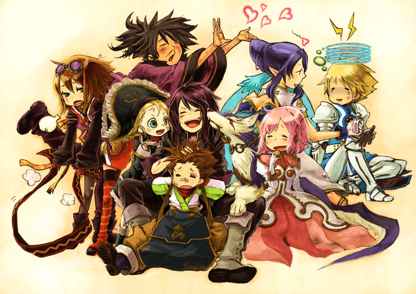 4girls, bag, bandaid, black_hair, blonde_hair, blood, blue_eyes, blue_hair