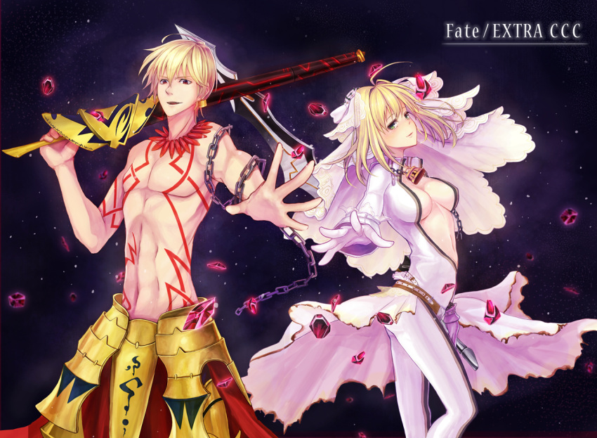 1boy, 1girl, aestus_estus, ahoge, armor, asarihamaguri, blonde_hair, bodysuit
