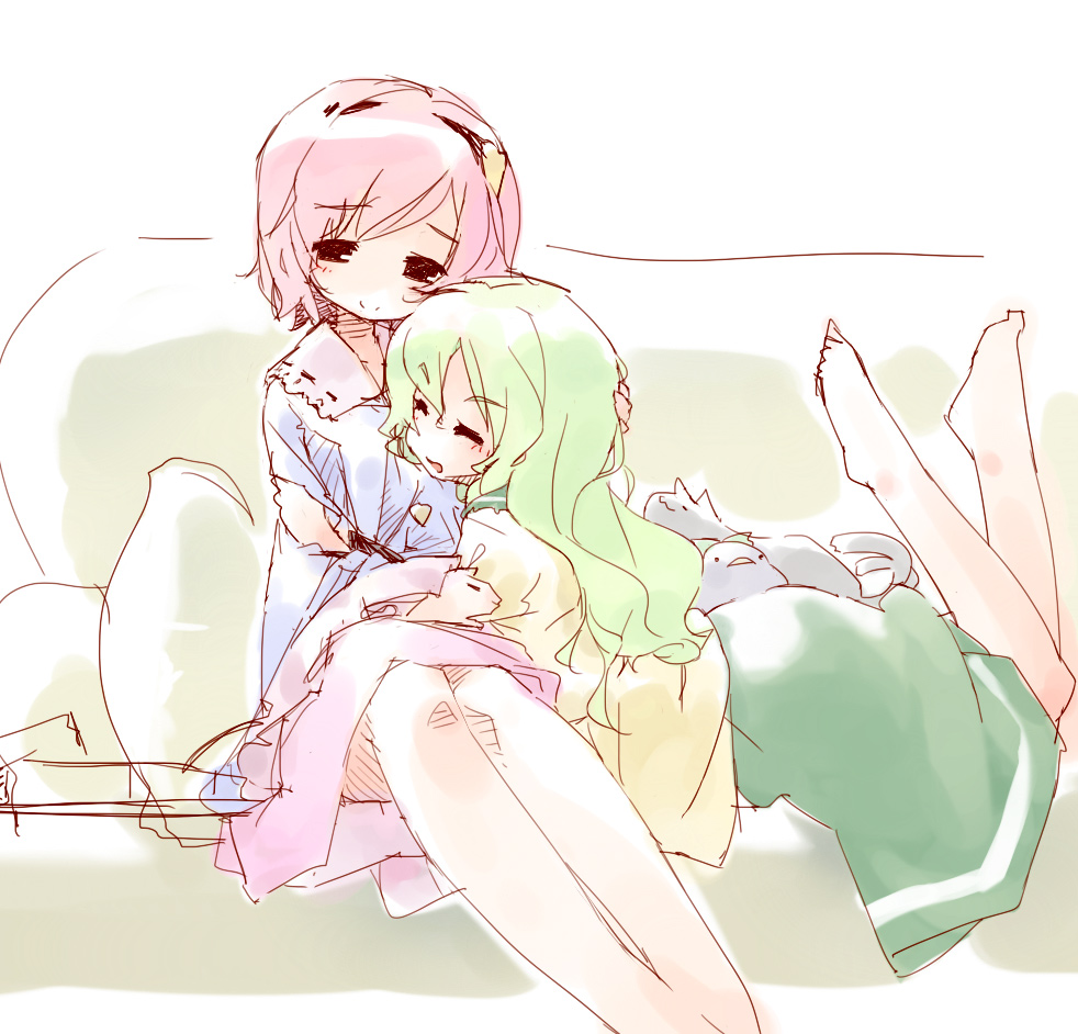 2girls, hand_on_head, hug, komeiji_koishi, komeiji_satori, multiple_girls, rough, sitting