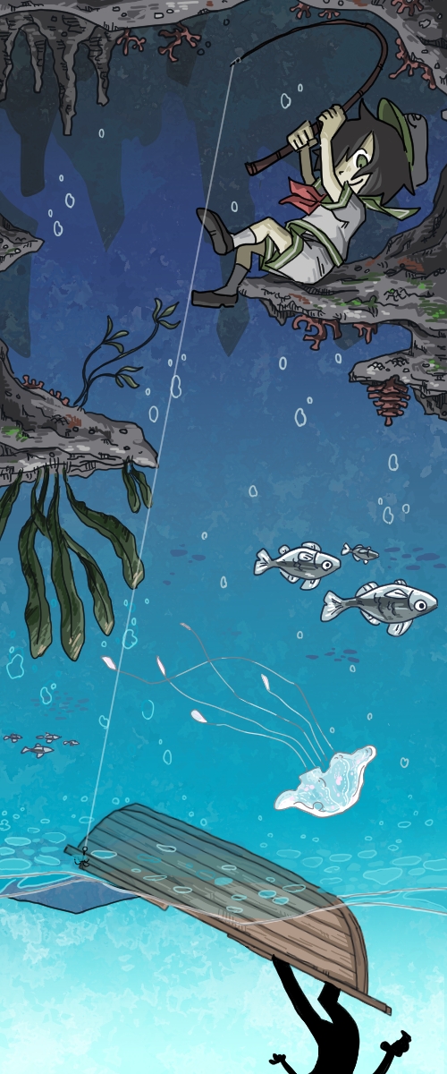 boat, fish, fishing, fishing_rod, jellyfish, kiga3bon, murasa_minamitsu, touhou, underwater, upside-down