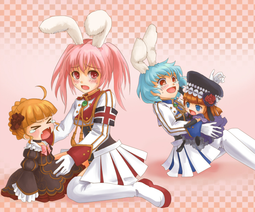 ><, beatrice, blonde_hair, blue_eyes, blue_hair, blush, rabbit_ears, chibi