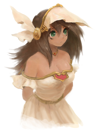 1girl, breasts, brown_hair, cleavage, green_eyes, long_hair, lowres, mana_(yuu-gi-ou), solo, white_background, yuu-gi-ou, yuu-gi-ou_duel_monsters, yuza