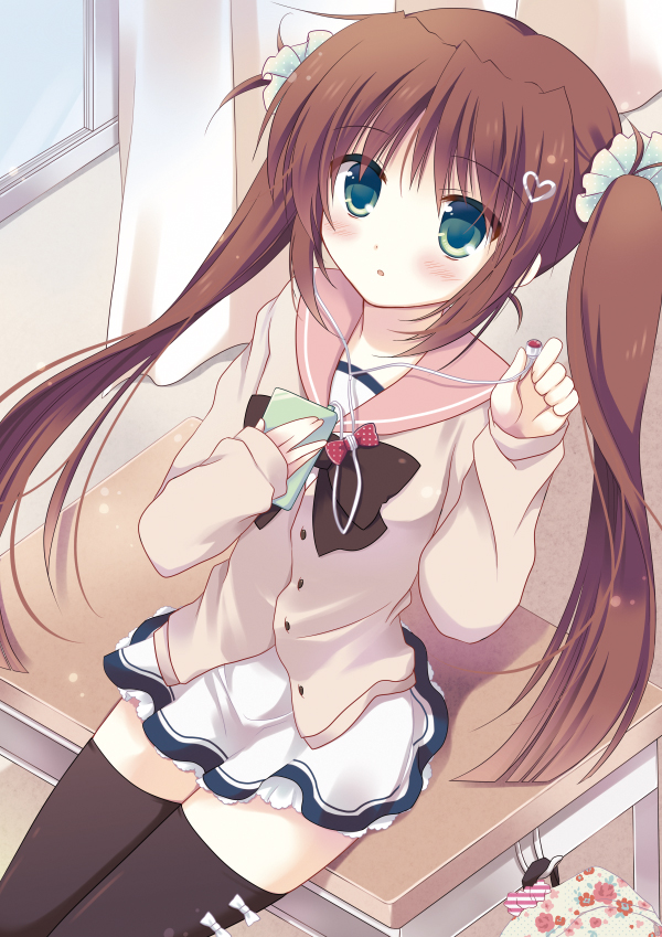 1girl, bag, black_legwear, blush, bow, brown_hair, digital_media_player, earplugs