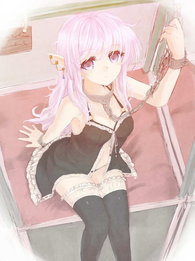 babydoll, breasts, chain, cleavage, collar, cuffs, earrings, elf, from_above, jewelry, lingerie, long_hair, manacles, mukiryoku, original, panties, pink_eyes, pink_hair, pointy_ears, sitting, thigh-highs, underwear, underwear_only