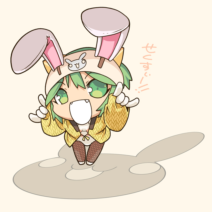 animal_ears, busou_shinki, chibi, green_eyes, green_hair, itanki, maochao, rabbit_ears, thigh-highs