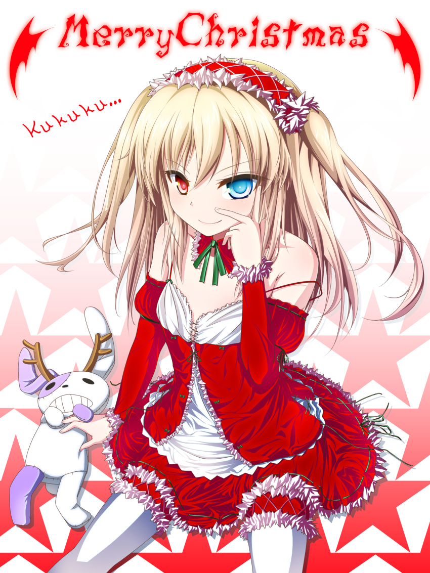 1girl, alternate_costume, antlers, blonde_hair, blue_eyes, boku_wa_tomodachi_ga_sukunai, bow, choker