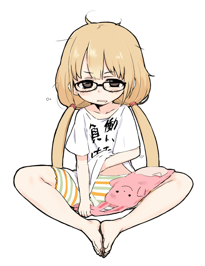 barefoot, black_eyes, blonde_hair, blush, clothes_writing, drooling, feet_together, futaba_anzu, glasses, idolmaster, idolmaster_cinderella_girls, long_hair, messy_hair, moru_(monaka), shorts, stuffed_animal, stuffed_bunny, stuffed_toy, twintails, very_long_hair