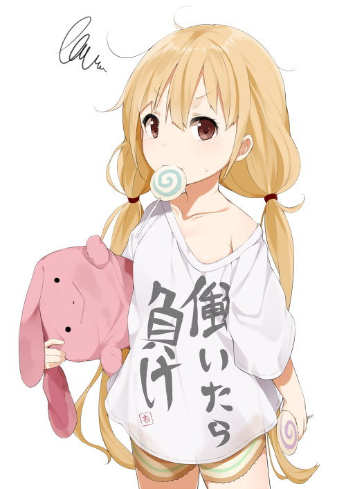 blonde_hair, brown_eyes, candy, clothes_writing, collarbone, futaba_anzu, idolmaster, idolmaster_cinderella_girls