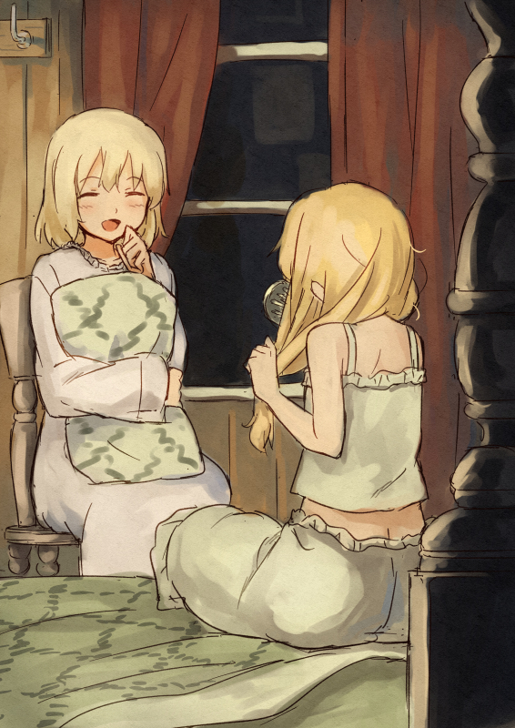 2girls, alice_margatroid, bed, blonde_hair, bloomers, chair, closed_eyes, comb