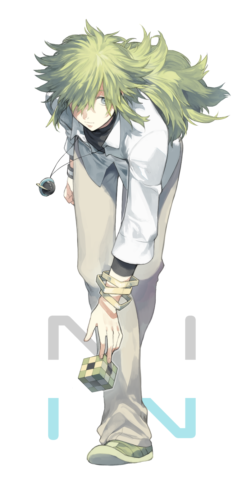 1boy, 6927mukutuna, blue_eyes, green_hair, hair_over_one_eye, jewelry, long_hair, n_(pokemon)