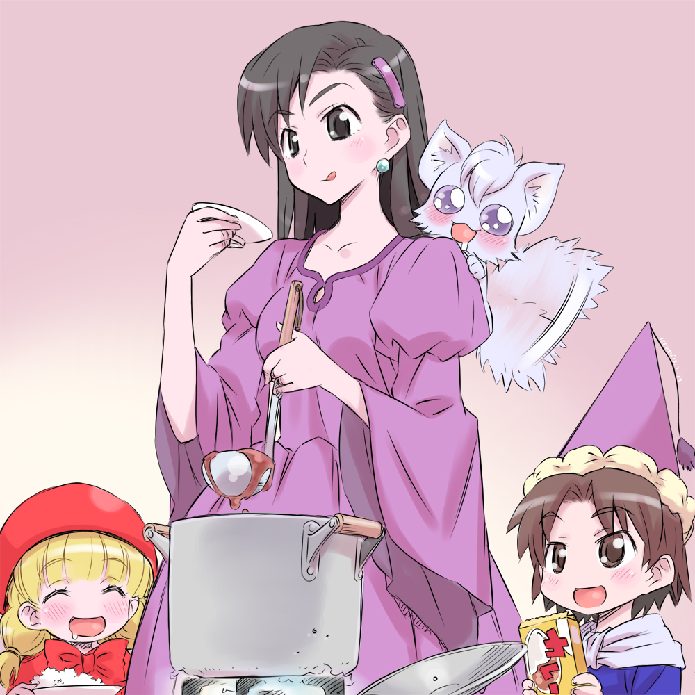 1boy, 2girls, :q, akazukin_chacha, animal_on_shoulder, blonde_hair, brown_eyes, brown_hair