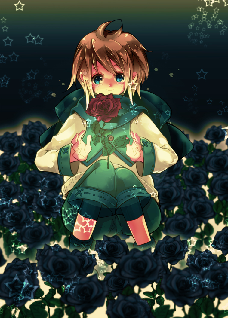 1boy, blonde_hair, blue_eyes, flower, flower_bed, le_petit_prince, light, light_particles