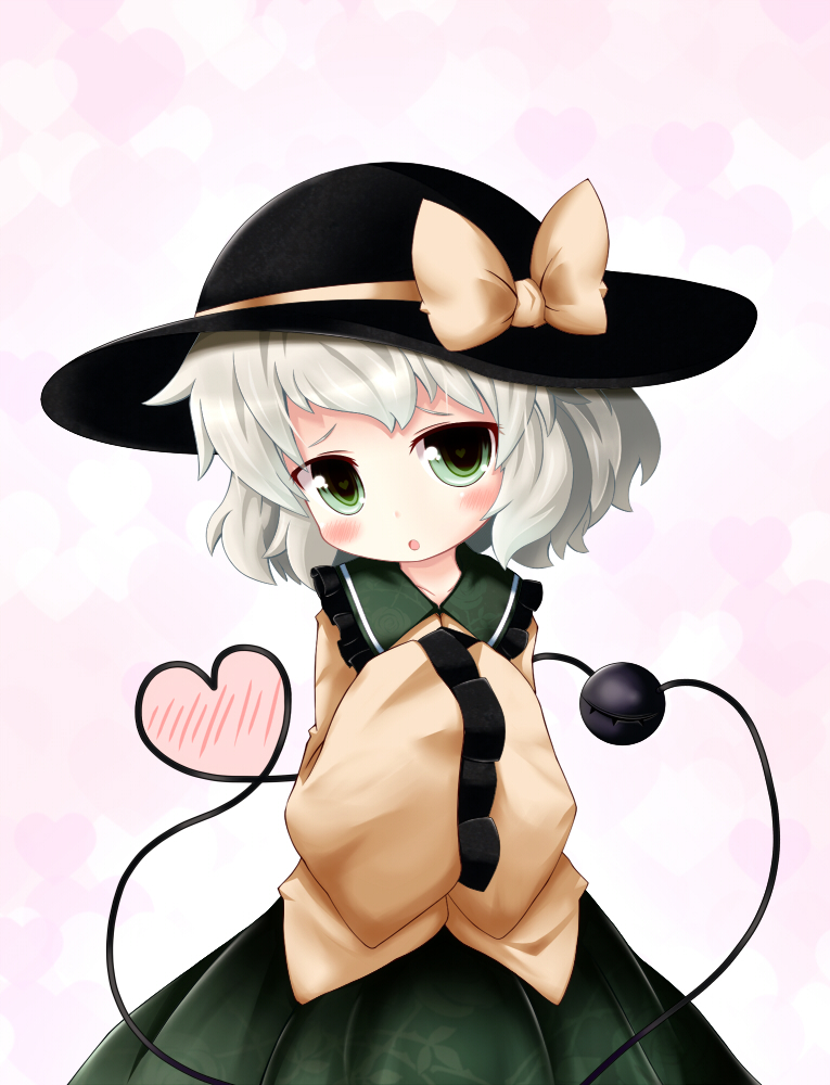 1girl, blush, bow, cocozasa, green_eyes, hat, hat_bow, heart