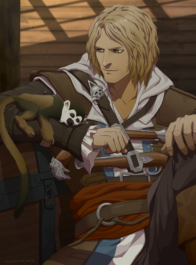 assassin's_creed, assassin's_creed_iv:_black_flag, belt, blonde_hair, edward_kenway, gb_(doubleleaf), gun, long_hair