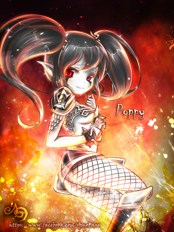 1girl, adapted_costume, alternate_costume, alternate_eye_color, alternate_hair_color, amoheavell, armor, ass, black_hair, black_legwear, breasts, character_name, facial_mark, fishnets, league_of_legends, light_smile, long_hair, pale_skin, pauldrons, pointy_ears, poppy, red_eyes, solo, spikes, twintails, under_boob, watermark, web_address, wristband