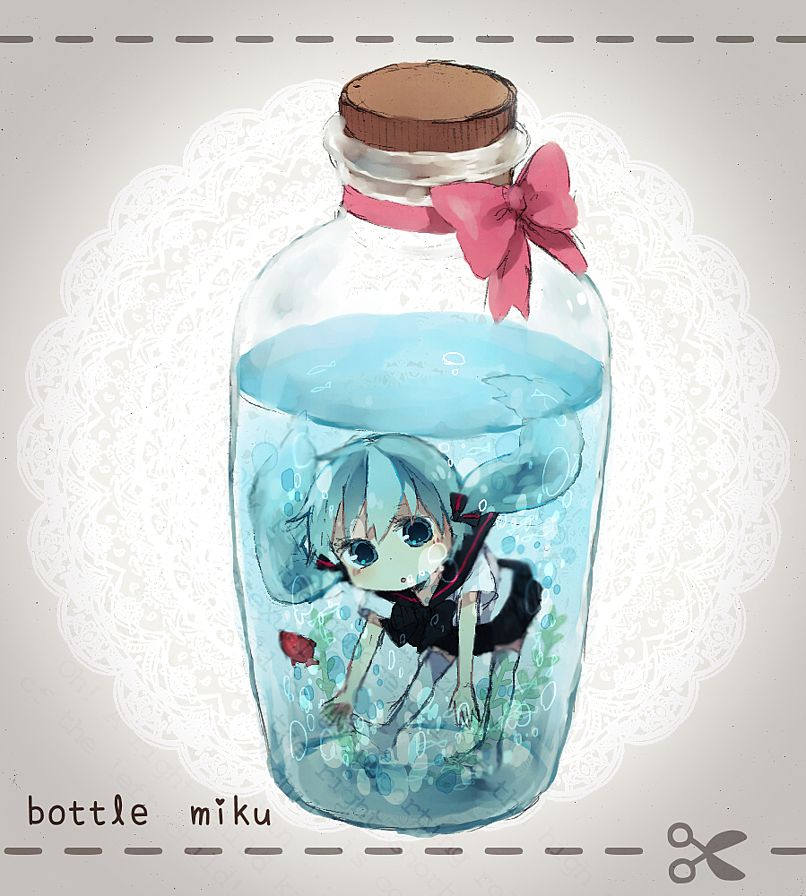 1girl, aqua_eyes, aqua_hair, bottle, bottle_miku, character_name, cork, fish