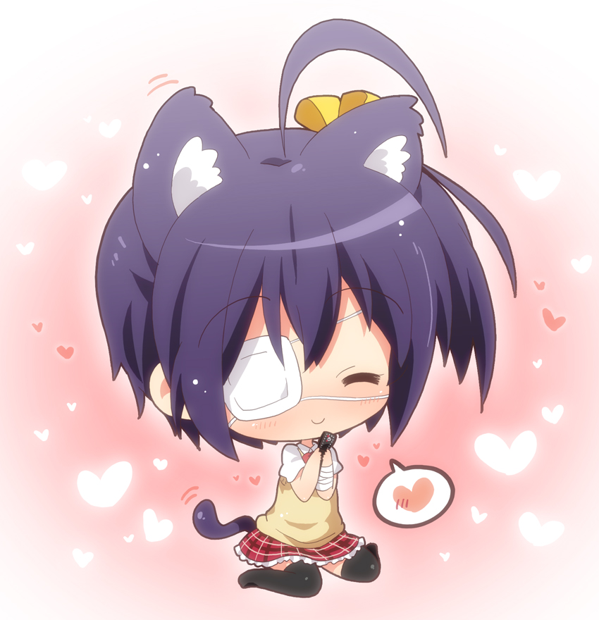 1girl, ahoge, animal_ears, black_hair, blush, cat_ears, cat_tail, chibi, chuunibyou_demo_koi_ga_shitai!, closed_eyes, eyepatch, hahifuhe, heart, kemonomimi_mode, plaid, plaid_skirt, school_uniform, short_hair, skirt, smile, solo, spoken_heart, tail, takanashi_rikka, thigh-highs