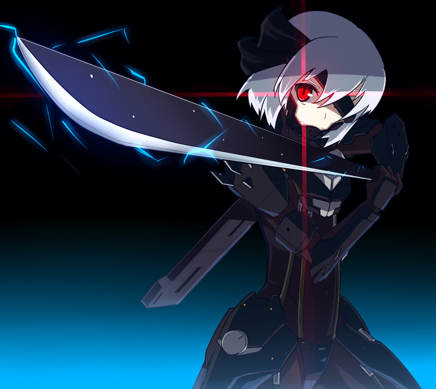 1girl, absurdres, alternate_costume, bodysuit, eyepatch, glowing, glowing_eyes, hair_ribbon