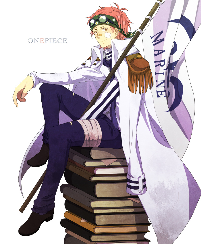 1boy, bandages, bandaid, bandaid_on_nose, book, brown_eyes, coat, coby_(one_piece)