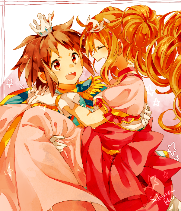1boy, 1girl, alternate_costume, brown_eyes, brown_hair, cape, carrying, crown