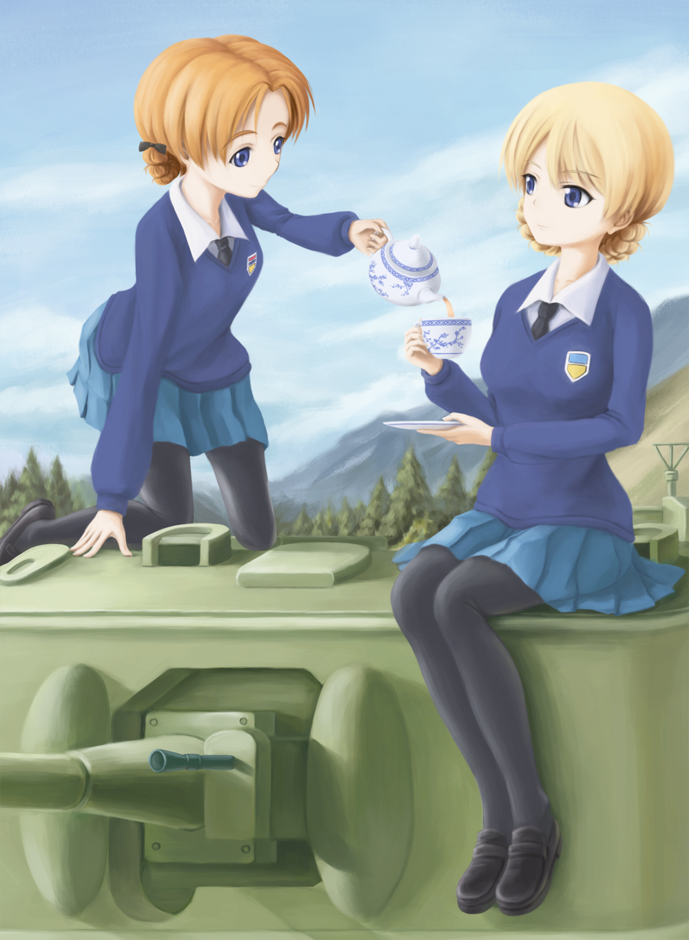 2girls, black_legwear, blonde_hair, blue_eyes, blush, braid, cup, darjeeling, girls_und_panzer, military, military_vehicle, mountain, multiple_girls, necktie, orange_hair, orange_pekoe, pantyhose, school_uniform, short_hair, skirt, smile, sweater, tank, teacup, teapot, tkfkid, tree, vehicle