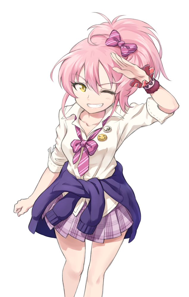 1girl, badge, bow, button_badge, clothes_around_waist, grin, hair_bow, idolmaster