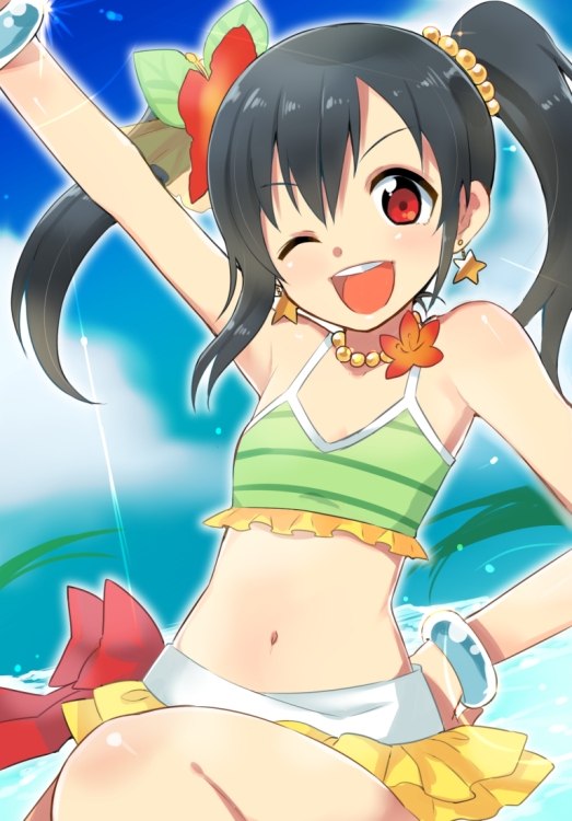 1girl, ;d, arm_up, black_hair, earrings, flower, hair_flower, hair_ornament