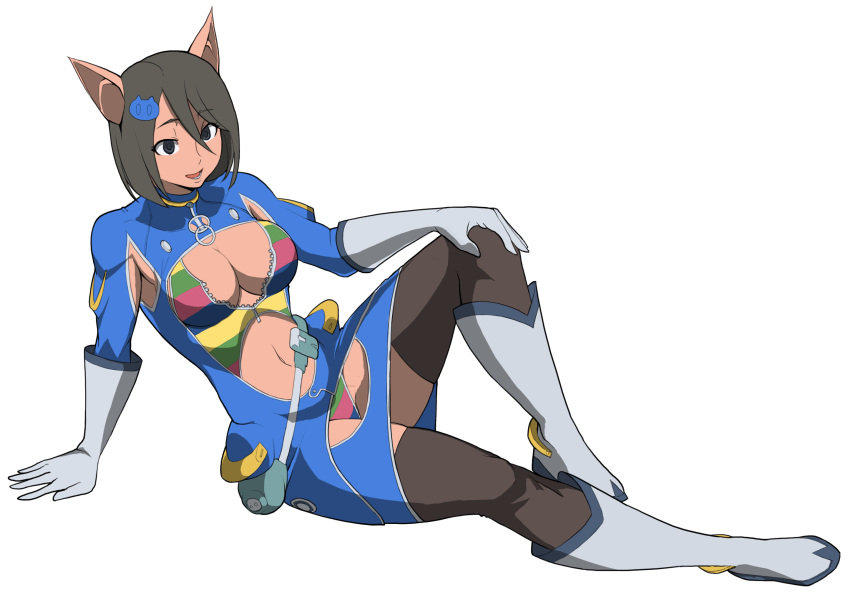 1girl, blue_eyes, breasts, cleavage, gloves, hair_ornament, iggler_(artist), katakuchi_ikuo