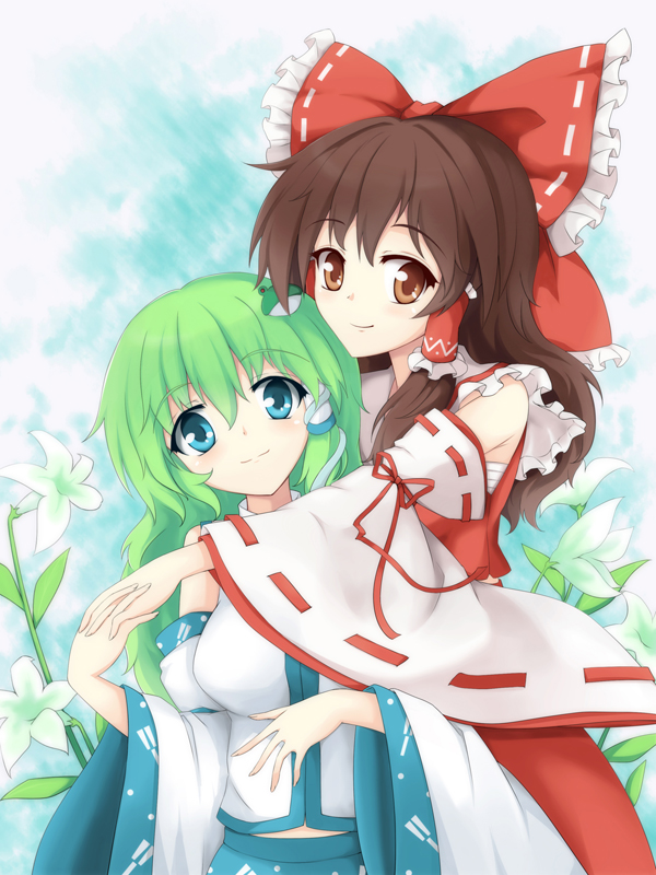 2girls, ascot, bandages, blush, bow, breasts, brown_eyes, brown_hair