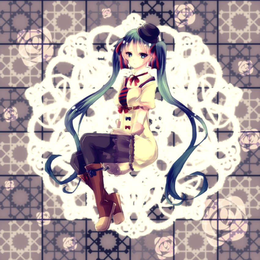 1girl, ashitaba, belt, boots, dress, gloves, green_eyes, green_hair, hair_ribbon, hat, hatsune_miku, highres, long_hair, mini_top_hat, pantyhose, ribbon, sitting, solo, top_hat, twintails, very_long_hair, vocaloid