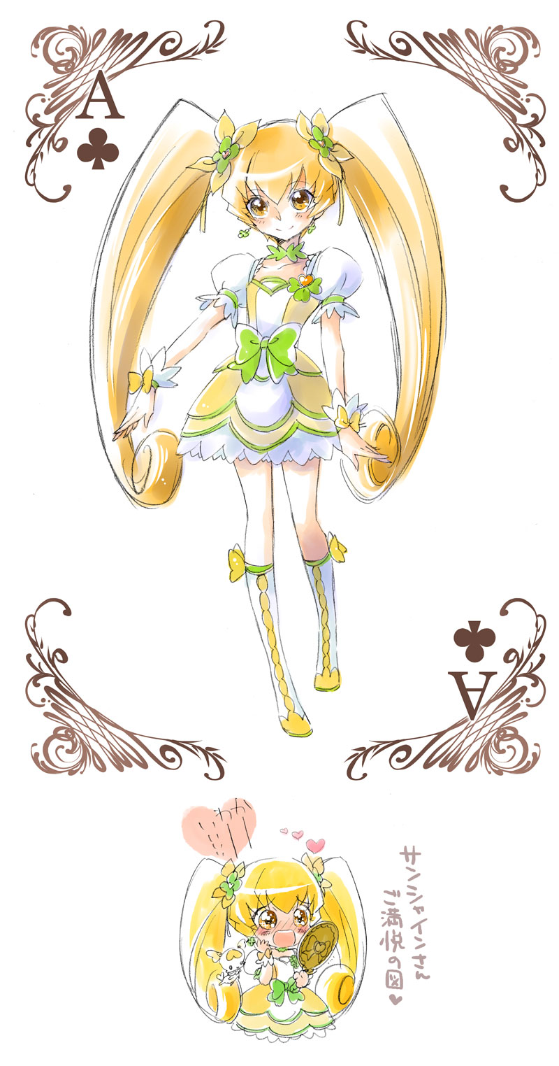 1girl, blonde_hair, boots, cosplay, cure_rosetta, cure_rosetta_(cosplay), cure_sunshine, dokidoki!_precure, dress, flower, hair_flower, hair_ornament, heartcatch_precure!, long_hair, magical_girl, myoudouin_itsuki, potpourri_(heartcatch_precure!), precure, ryun, twintails, wrist_cuffs, yellow_eyes