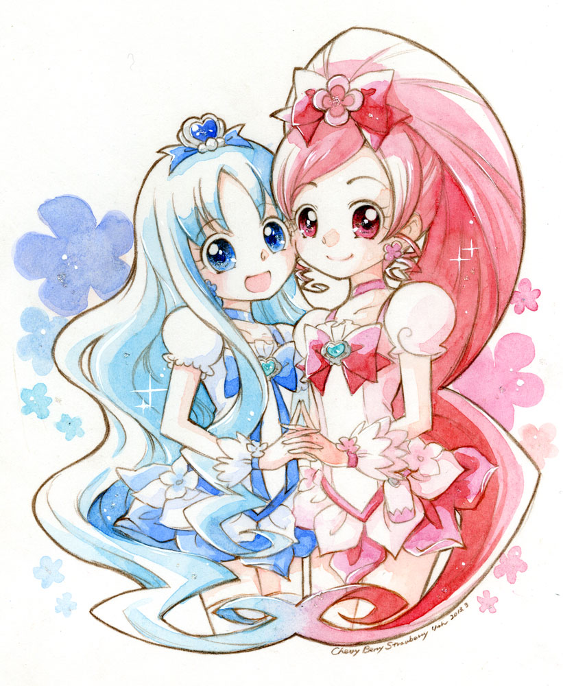 2girls, blue_eyes, blue_hair, cure_blossom, cure_marine, dress, hair_ornament, hanasaki_tsubomi