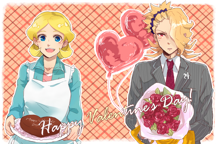 1boy, 1girl, balloon, blonde_hair, blue_eyes, blush, cake, danball_senki